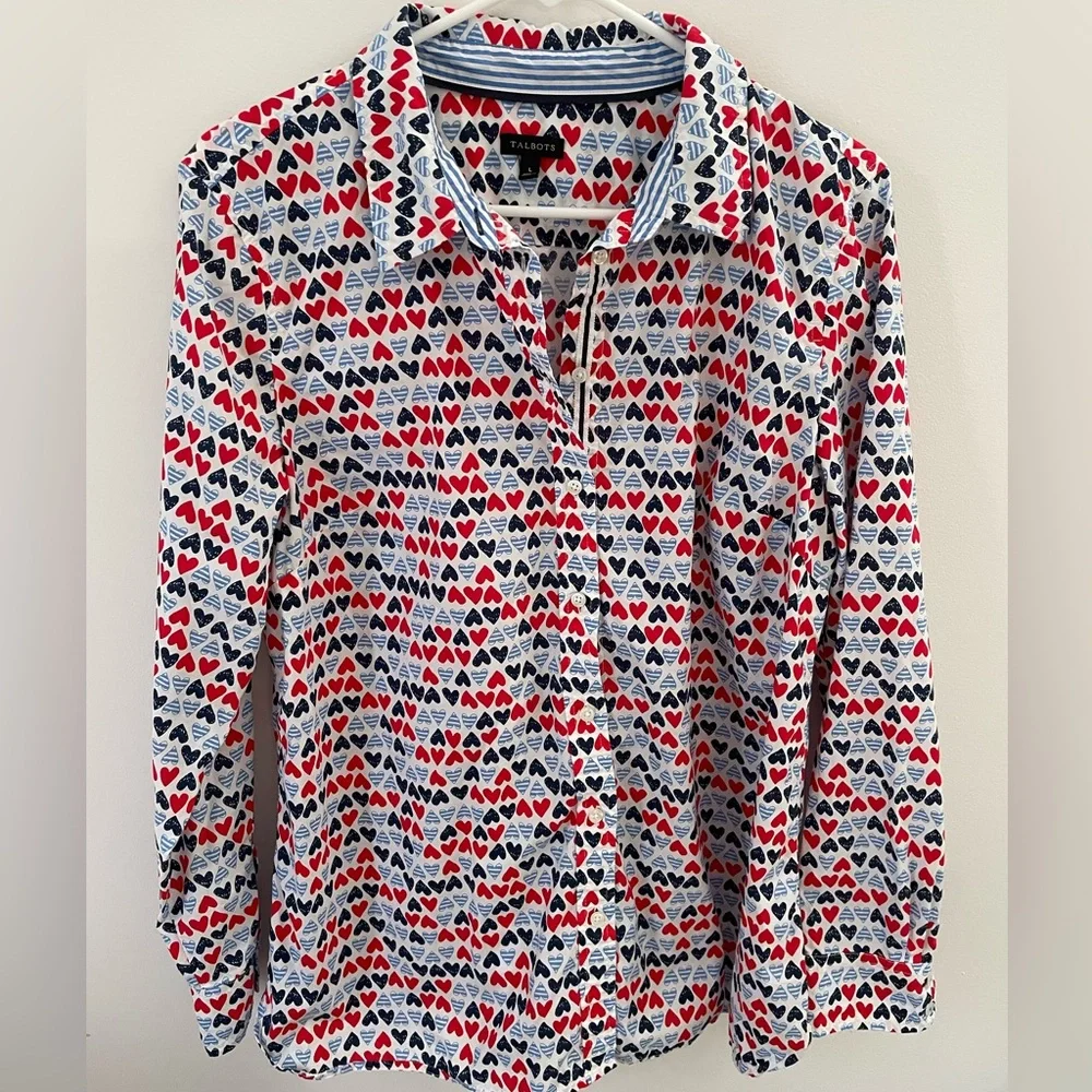 Talbots Red, White and Blue Heart Print Shirt - Picture 7 of 7